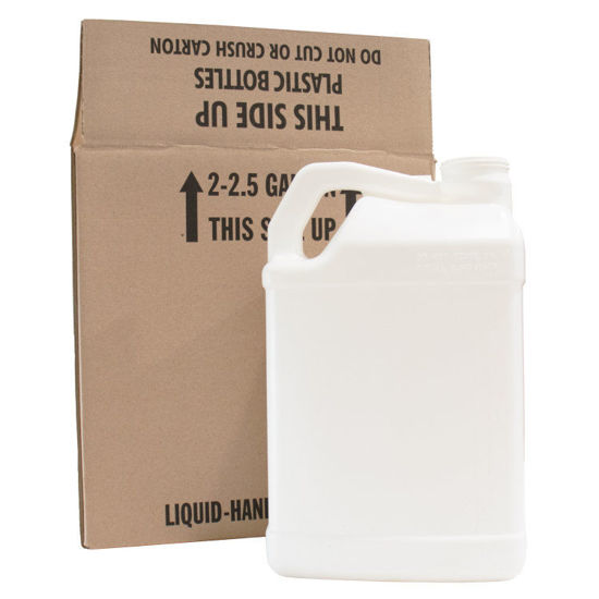 Picture of 2.5-Gallon White HDPE Plastic F-Style, 63 mm, Neck Finish, 63-485, No Glug, Kraft Reshipper Box, 2x1