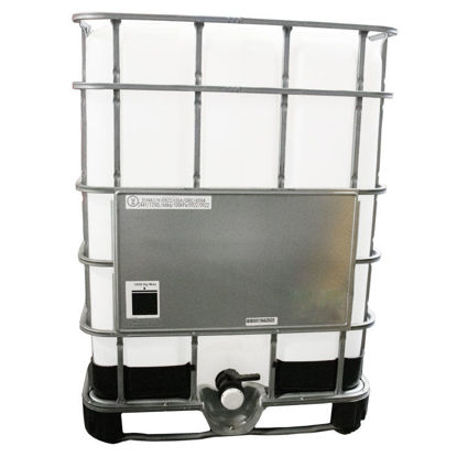 Picture of 330 GALLON NEW IBC TOTE, NATURAL BOTTLE, 6" CAP, 2" POLY CYLINDER BALL VALVE TAMPER EVIDENT SEAL, STEEL PALLET, 2 LARGE LABEL PLATES, VITON GASKET, UN RATED
