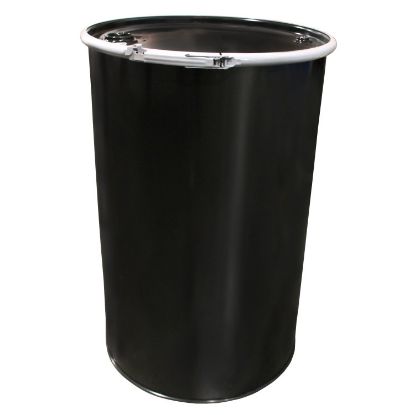 Picture of 55 Gallon Black Straight Side Steel Drum, Phenolic Lining, w/ Black Cover, 2" & 3/4" Nylon Fittings, Lever Lock, UN Rated