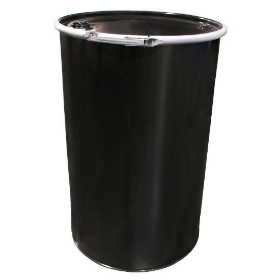 Picture of 55 Gallon Black Straight Side Steel Drum, Phenolic Lining, w/ Black Cover, 2" & 3/4" Nylon Fittings, Lever Lock, UN Rated