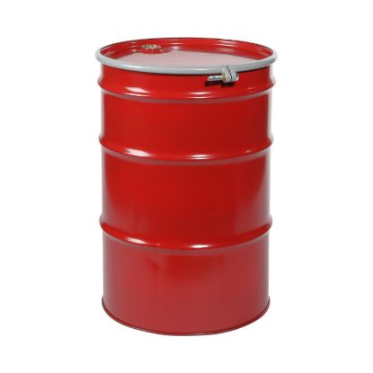 Picture of 55 Gallon Red Steel Open Head Drum, Unlined, Red Cover, w/ 2" and 3/4" Fittings, Poly Irradiated Gasket, Bolt Ring, UN Rated
