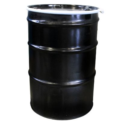 Picture of 55-Gallon Black Unlined Open Head Steel Drum, Reconditioned, w/ Black Cover, 2" & 3/4" fitting and bolt ring, UN Rated