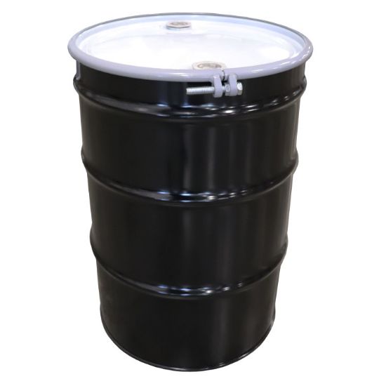 Picture of 55 Gallon Black Steel Open Head Drum, Unlined, w/ White Cover, 2-2" Plastic Fittings, Bolt Ring, HD Sponge Gasket, UN Rated