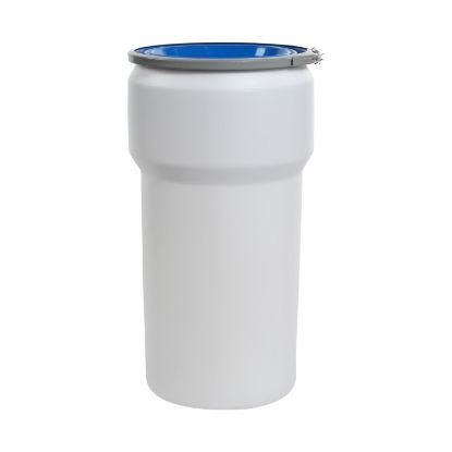 Picture of 20 Gallon Natural HDPE Plastic Open Head Nestable Drum, w, Blue Cover, Lever Lock Ring, UN Rated