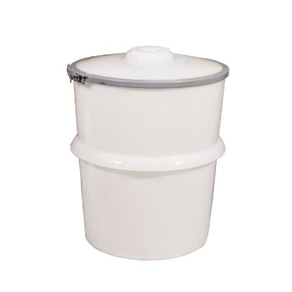 Picture of 25 Gallon Natural HDPE Plastic Dak Pak,  w/ Natural Cover, 1-4" Fitting in Middle w/ Metal Lever Lock Ring, UN Rated