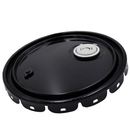 Picture of 2.5-7 Gallon Black Steel Pail Lug Cover, 24 Gauge, Rust Inhibited, Rieke Fitting, Poly Vent, Flow in Gasket