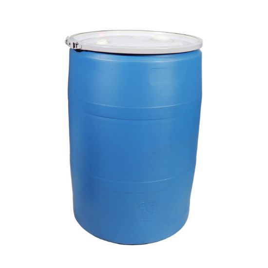 Picture of 55 Gallon Blue Plastic Open Head Delcon Drum, w/ Natural Cover, Plastic Lever Lock Ring, 2" & 3/4" Fittings, UN Rated