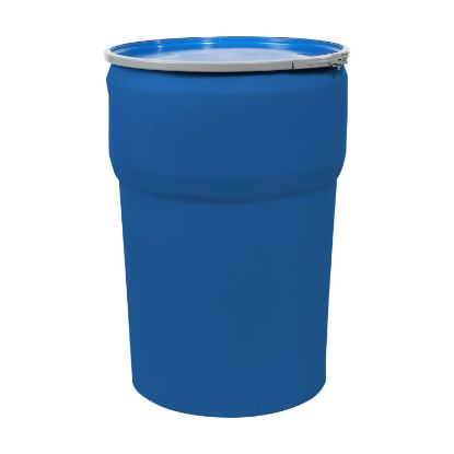 Picture of 48 Gallon Blue Plastic Open Head Nestable Drum, w/ Blue Cover, Lever Lock Ring, UN Rated