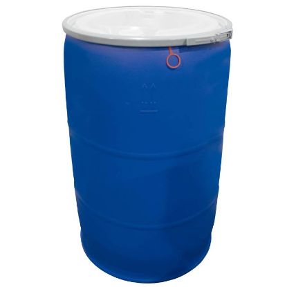 Picture of 57 Gallon Blue Plastic HDPE Open Head Drum w/Natural Cover, 2" & 3/4" Fittings, Lever Lock Ring