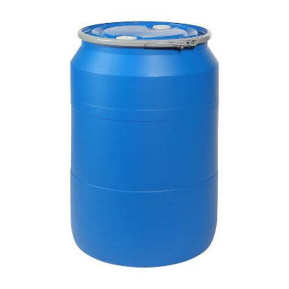 Picture of 55 Gallon Blue Plastic Open Head Straight Side Drum w/ Neck in Upper, Blue Cover w/ Lever Lock Ring, 2" NPS and 2" NPS Fittings, UN Rated