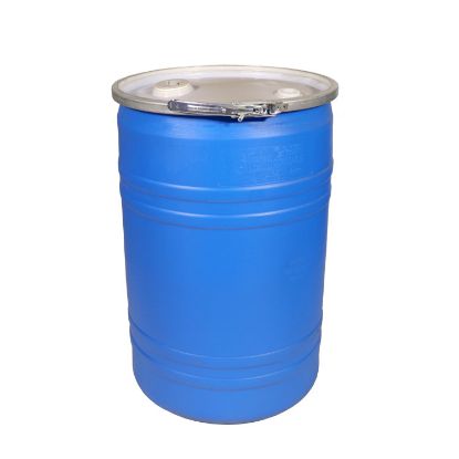 Picture of 30 Gallon Blue Plastic Straight Sided Open Head Drum, Flat Natural Cover, 2" Buttress & 3/4" NPT Fittings, UN Rated