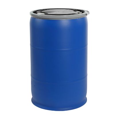 Picture of 57 Gallon Blue Plastic Open Head Drum, Black Cover, w/ 2" Buttress & 3/4" NPS Fittings, UN Rated