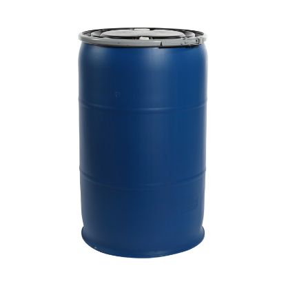 Picture of 57 Gallon Blue PCR Plastic Open Head Drum w/Black Cover, 2" & 3/4" Fittings, Lever Lock Ring, UN Rated