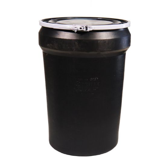 Picture of 30 Gallon Black Plastic Open Head Nestable Drum, Plain Black Cover, Lever Lock Ring, UN Rated