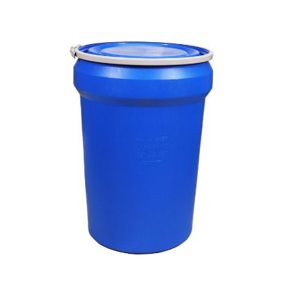 Picture of 30 Gallon Blue Plastic Open Head Nestable Drum, Blue Plain Cover and Lever Lock on Separate Pallet, UN Rated