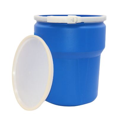 Picture of 10 Gallon Blue HDPE Plastic Nestable Drum, w/ White Cover, Plastic Lever Lock, UN Rated