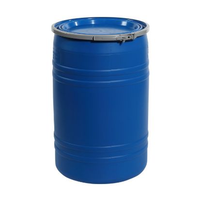 Picture of 30 Gallon Blue HDPE Plastic Open Head Straight Side Drum, w/ Plain Blue Cover, Lever Rock Ring, UN Rated