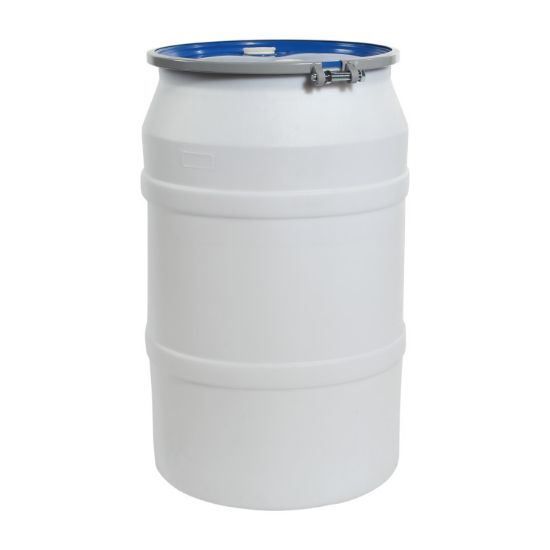 Picture of 55 Gallon Natural HDPE Plastic Open Head Straight Side Drum, w/ Poly Blue Cover, 2" and 2" Tri-Sure Fitting,  Bolt Ring, w/ Neck In, UN Rated