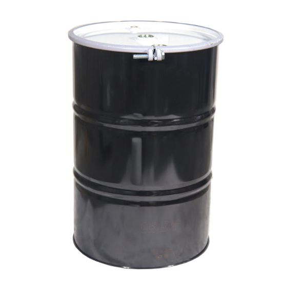 Picture of 55 Gallon Black Steel Open Head Drum, White Cover, Unlined, w/ 2" & 3/4" Fit, 2" In Center Bolt Ring, UN Rated