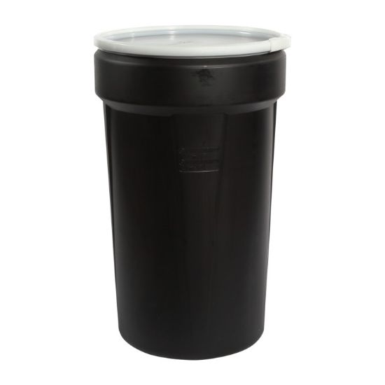 Picture of 55 Gallon Black HDPE Plastic Open Head Nestable Drum, Natural Cover, Plastic Lever Lock Ring, UN Rated