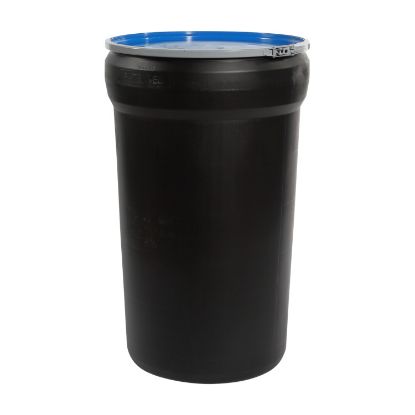 Picture of 55 Gallon Black Plastic HDPE Open Head Nestable Drum, Blue Cover, Lever Lock Ring, UN Rated