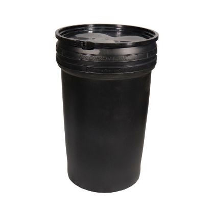 Picture of 55 Gallon Black Plastic Nestable Open Head Drum, Black Cover, w/ Plastic Lever Lock Ring, UN Rated