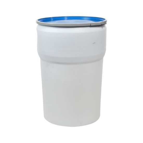 Picture of 48 Gallon Natural HDPE Plastic Open Head Nestable Drum, Blue Urethane Cover, w/ Gasket, Lever Lock Ring, UN Rated