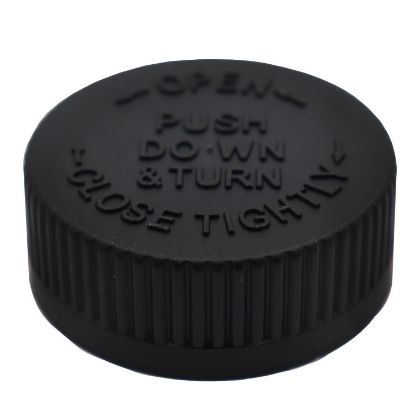 Picture of 38 mm, 38-400 Black PP Plastic Child Resistant Cap w/ Heat Seal Liner,  Embossed Push-Down & Turn