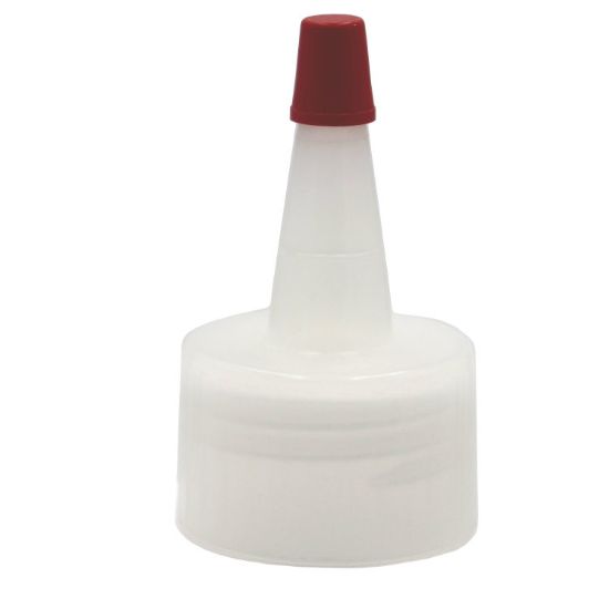 Picture of 28 mm 28-410 Natural LDPE Plastic Yorker Cap, 0.03" Orifice, Heat Seal w/ Red Sealer Tip