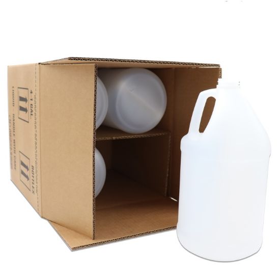 Picture of 128 oz Natural HDPE Plastic Industrial Round Bottle, 38-400, 4x1, 4G Pack, 130 Gram, Kraft Box, UN Rated