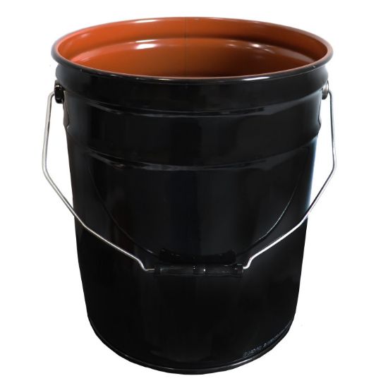 Picture of 5 Gallon Black Steel Open Head Pail, Red Phenolic Lining, w/ Pail Cover w/ Red Phenolic Lining, Rieke & Poly Vent, Flow in Gasket, UN Rated
