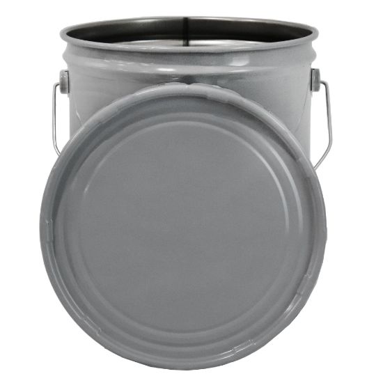 Picture of 5 Gallon Gray Steel Straight Sided Pail, Single Bead, Rust Inhibited Lining, w/ Lug Cover, Flow in Gasket
