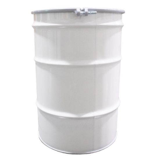 Picture of 55 Gallon White Steel Open Head Drum, Red Phenolic Lining, White Cover, Low-Density Gasket, 2" & 3/4" Fitting, Poly Irregular Gasket, Bolt Ring, UN Rated