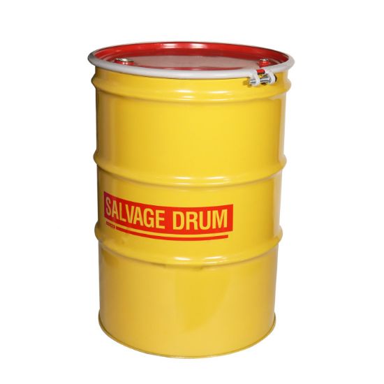 Picture of 85 Gallon Yellow Steel Open Head Drum, Printed in Red "Salvage", Unlined, Red Cover, w/ 3/4" Tri-Sure®  Fitting, EPDM Gasket, Bolt Ring, UN Rated