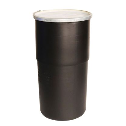 Picture of 15 Gallon Black HDPE Plastic Nestable Open Head Drum, w/ Natural Cover, Lever Lock Ring UN Rated