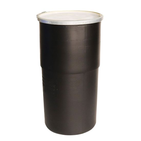 Picture of 15 Gallon Black HDPE Plastic Nestable Open Head Drum, w/ Natural Cover, Lever Lock Ring UN Rated