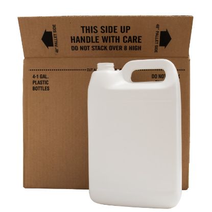 Picture of 128 oz (1-Gallon) White HDPE, 26% PCR, F-Style Bottle, 140 Gram, 38-400 Tamper Evident, 4x1, Kraft Box
