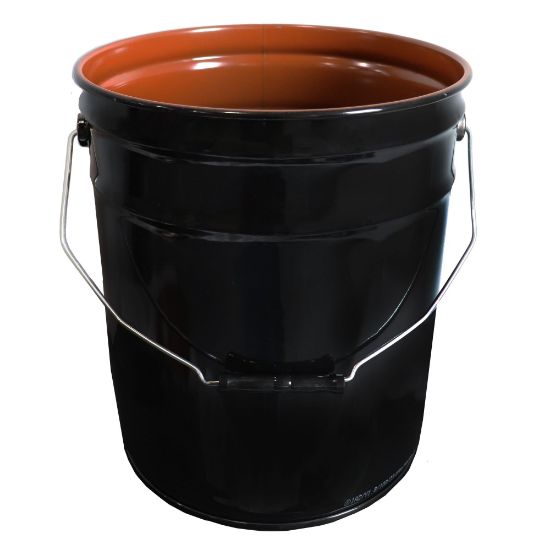 Picture of 5 Gallon Black Steel Open Head Pail, Red Phenolic Lining, 3" Double Bead, CWL Under Ear, UN Rated