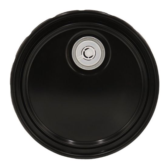 Picture of 2.5-7 Gallon Black Steel Pail Lug Cover w/ Red Phenolic Lining, Rieke Fitting, Flow in Gasket, 24 Gauge, UN Rated
